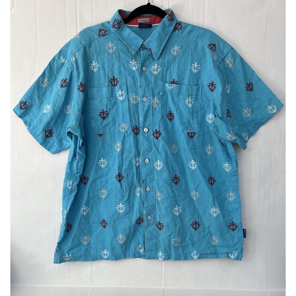 Columbia PFG Men's Harborside‎ Large Blue Linen Blend Short Sleeve Shirt Anchors